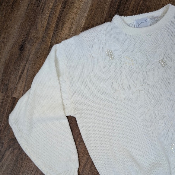 90s Knit Sweater Embroidered Sequins Embellished Crewneck Long Sleeve - Picture 2 of 9